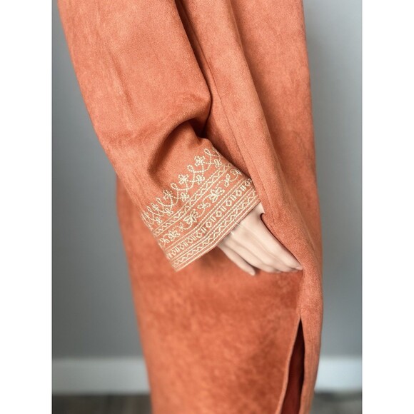 Soft Surroundings Faux Suede Orange Duster Coat Jacket Cardigan Embroidered Sz L - Picture 6 of 11